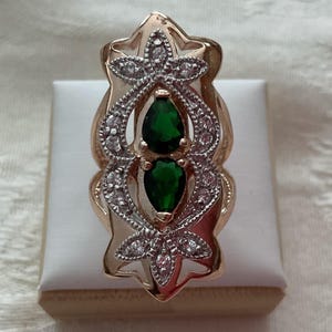 Rose Gold tone Emerald Green Stone CZ Statement Ring 6 1/2