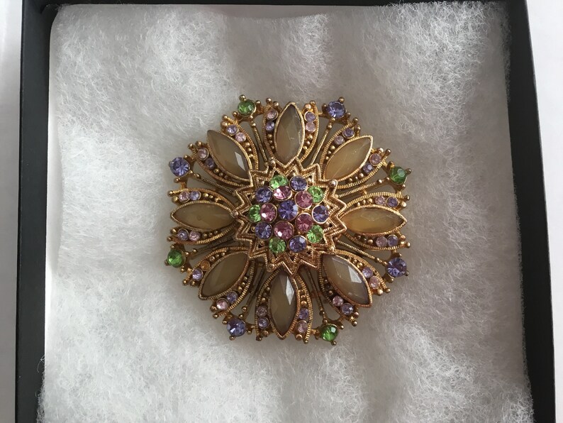 Vintage Rhinestone Brooch multi color gold tone