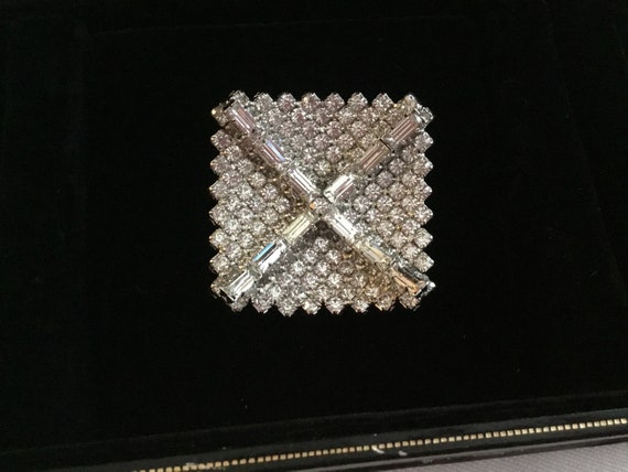 Kramer Square Rhinestone Brooch clear Vintage Sig… - image 1