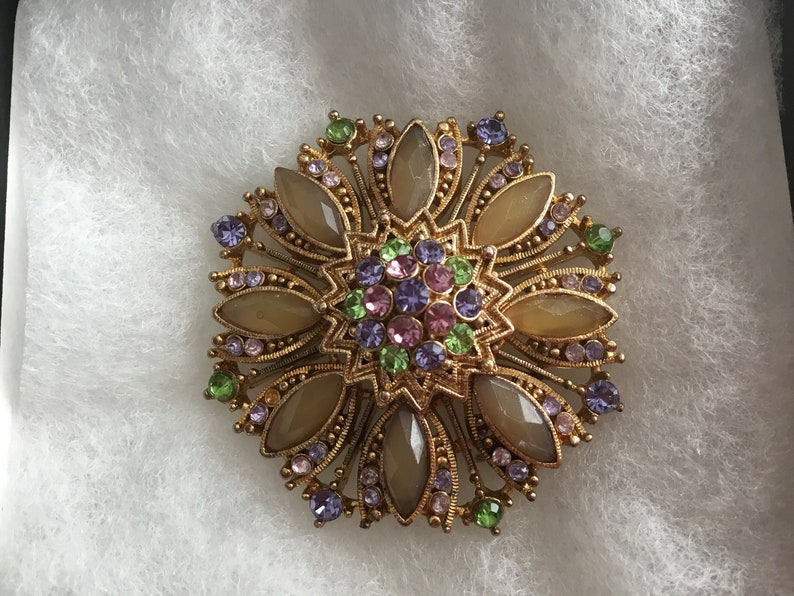 Vintage Rhinestone Brooch multi color gold tone