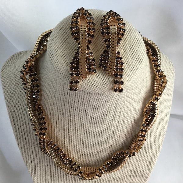 Vintage Rhinestone Necklace and Earrings Set Black and Clear Rhinestones Goldtone