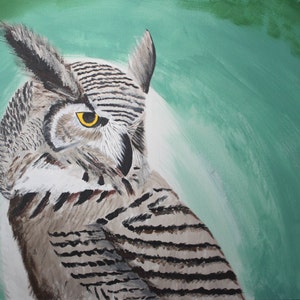 Owl Art Painting, 30 x 24 - Horned Owl on Green, Painting, Artwork, Feather, Wall Decor, Rustic, Forest Animal