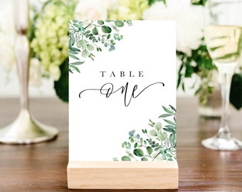 Greenery Table Numbers, Calligraphy Table Numbers, Watercolour Greenery Eucalyptus Wedding Table, Editable Printable Table Numbers, 5x7