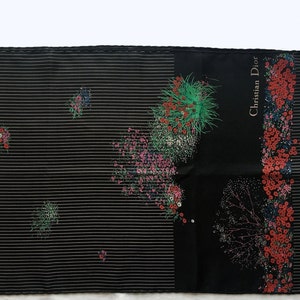 VINTAGE DIOR SCARF - 100% pure silk long black Christian Dior scarf with floral pattern