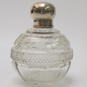 CRYSTAL PERFUME BOTTLE - British spherical bottle cut crystal perfume bottle with sterling silver mushroom topper from Birmingham from 1913