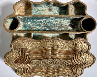 OVERSIZED JEWELRY BOX - Large renaissance style Italian gilt paper mache chest with drawer circa 1900