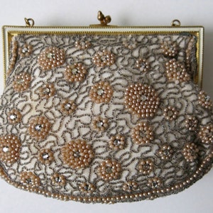 VINTAGE BEADED BAG - Gold and silver evening bag with mirror and comb from France from the 1960&#39;s