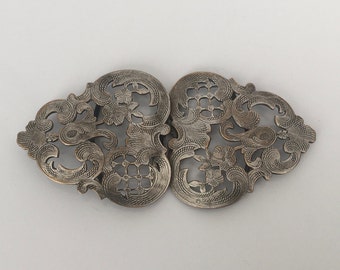 VICTORIAN BELT BUCKLE - 19th century French stamped silver plated buckle with decorative open work and nielloed decor