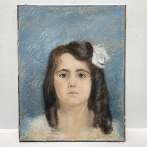 CHILD PORTRAIT PASTEL - Antique pastel of little girl with bow from France circa 1880