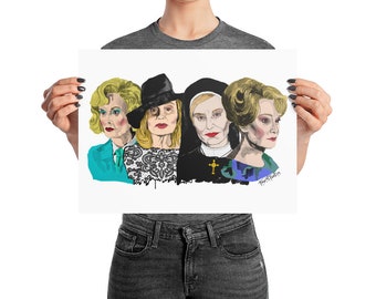 May include: A digital illustration of four women with blonde hair. The women are wearing different outfits, including a green jacket, a black lace dress, a nun's habit, and a blue and white patterned dress. The illustration is in a pop art style.