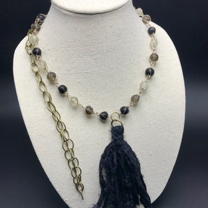 Boho necklace, Boho jewelry, Tassel necklace, Tassel jewelry, 52 inch long necklace, Metal chain necklace,  Sari silk necklace