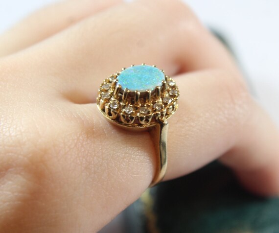 Vintage 14k Gold Natural Diamond with Blue Opal R… - image 4