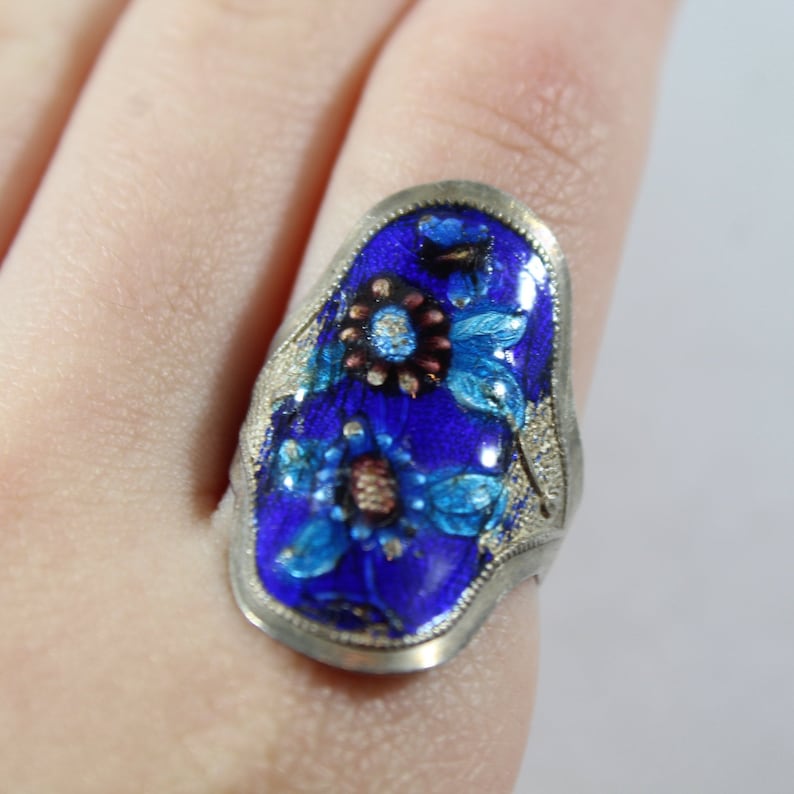 Antique Sterling Silver Chinese Enamel Flower Adjustable Ring
