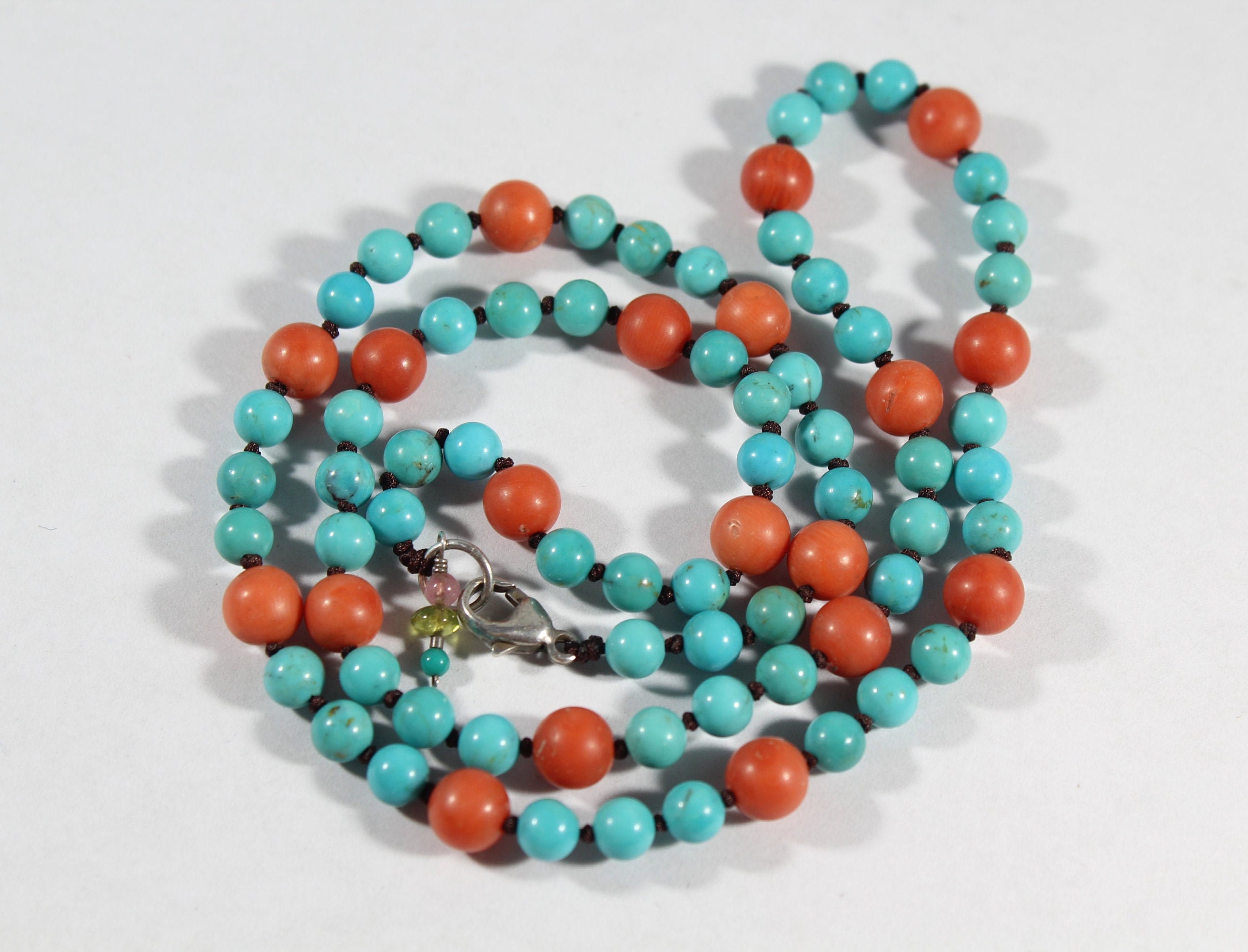 Vintage Sterling Silver Natural Turquoise and Coral Beaded Necklace