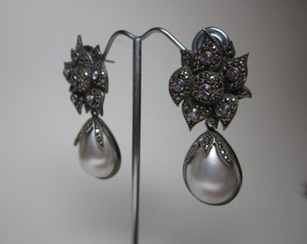 Vintage Sterling Silver Judith Jack Marcasite Amethyst Earrings
