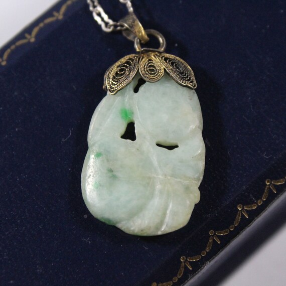 Antique Sterling Silver Chinese Carved Jadeite Ne… - image 2