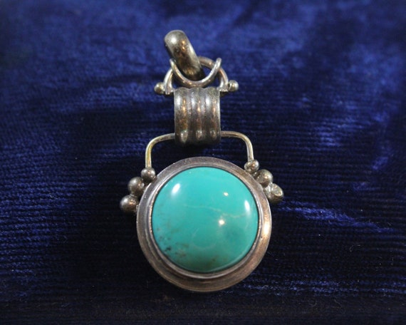 Vintage Sterling Silver Round Natural Turquoise P… - image 1