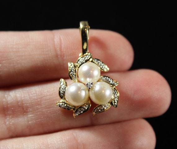 Vintage 14k White Gold Natural Pearl with Diamond… - image 1