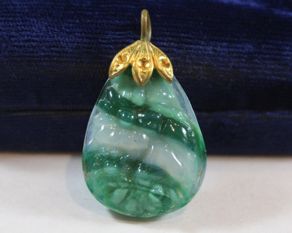 Antique Carved Flower Jadeite Color Glass Pendant - image 1