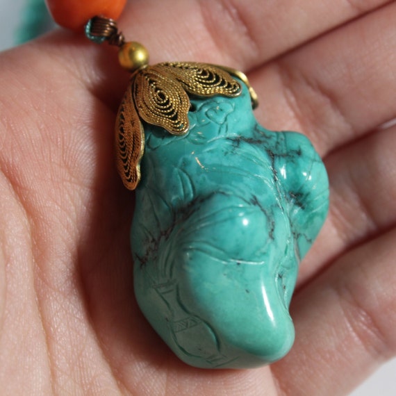 Antique Chinese Filigree Carved Natural Turquoise… - image 5