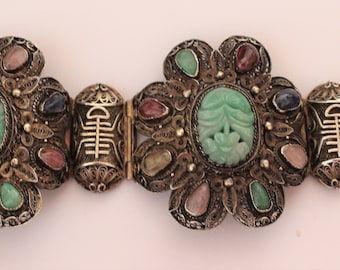 Antique Qing Dynasty Silver Filigree with Jadeite, Tourmaline and Lapis Bracelet