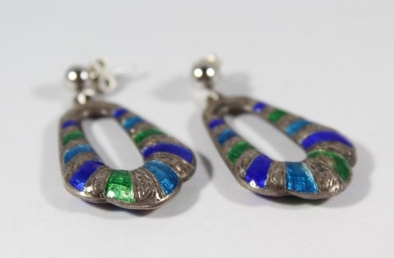Vintage Sterling Silver Blue and Green Enamel Ear… - image 5