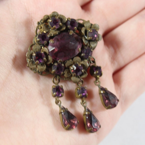 Antique Gold Tone Amethyst Purple Glass Bead Pin … - image 1