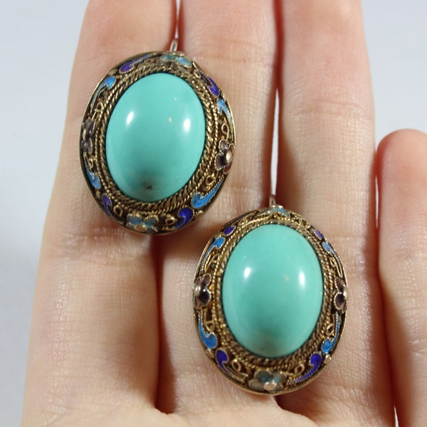 Antique Chinese Sterling Silver Enamel Natural Light Blue Turquoise Earring