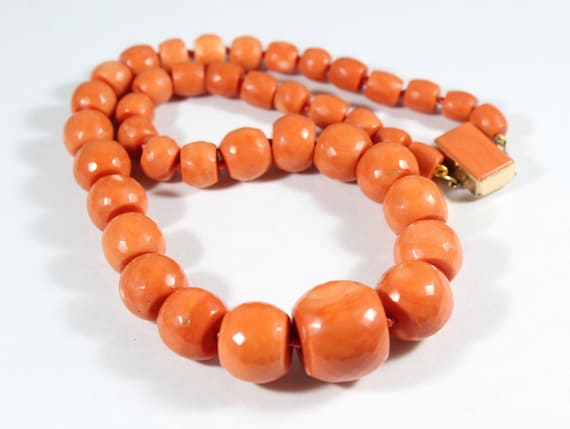 Vintage 14k Gold Faceted Natural Orange Coral Bea… - image 1