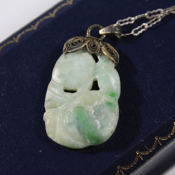 Antique Sterling Silver Chinese Carved Jadeite Ne… - image 4