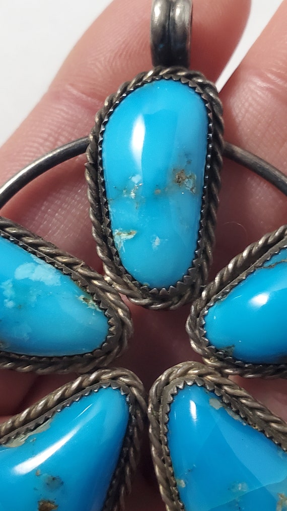 Antique Sterling Silver Navajo Turquoise Flower P… - image 4