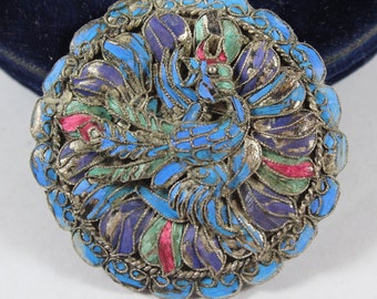 Antique Chinese Sterling Silver Kingfisher Phoenix Pin Brooch