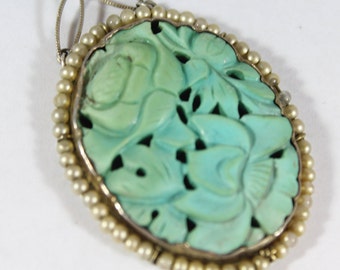 Antique Chinese Sterling Silver Natural Carved Flower Turquoise with Glass Bead Necklace