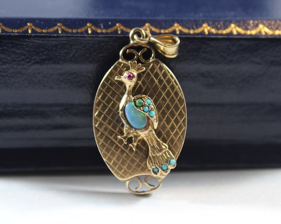 Antique 14k Gold Natural Opal with Turquoise and … - image 1