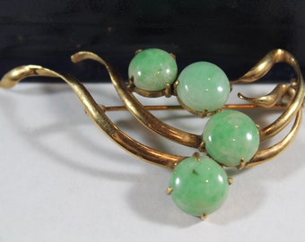 Antique 14K Gold Singh Caribe Jadeite Pin Brooch