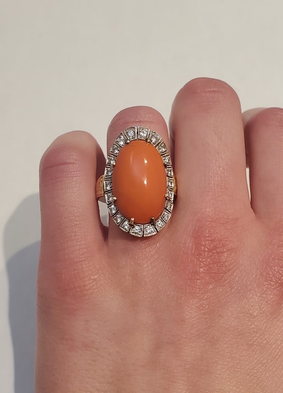 Vintage 14k Diamond Orange Coral Halo Cocktail Rin