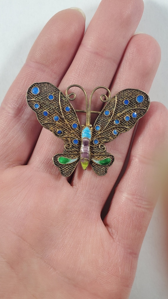 Antique Chinese Sterling Silver Enamel Butterfly P