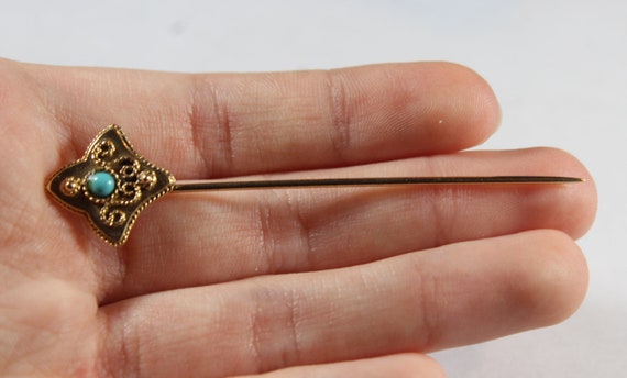 Antique 14k Gold Natural Turquoise Pin - image 3