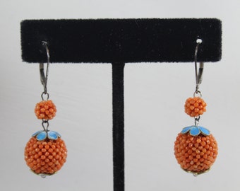 Antique Sterling Silver Qing Dynasty Chinese Natural Orange Coral Woven Enamel Earring