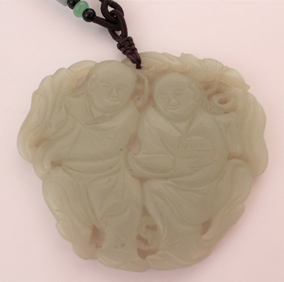 Antique Chinese Carved Holding the Boy Jade Penda… - image 2