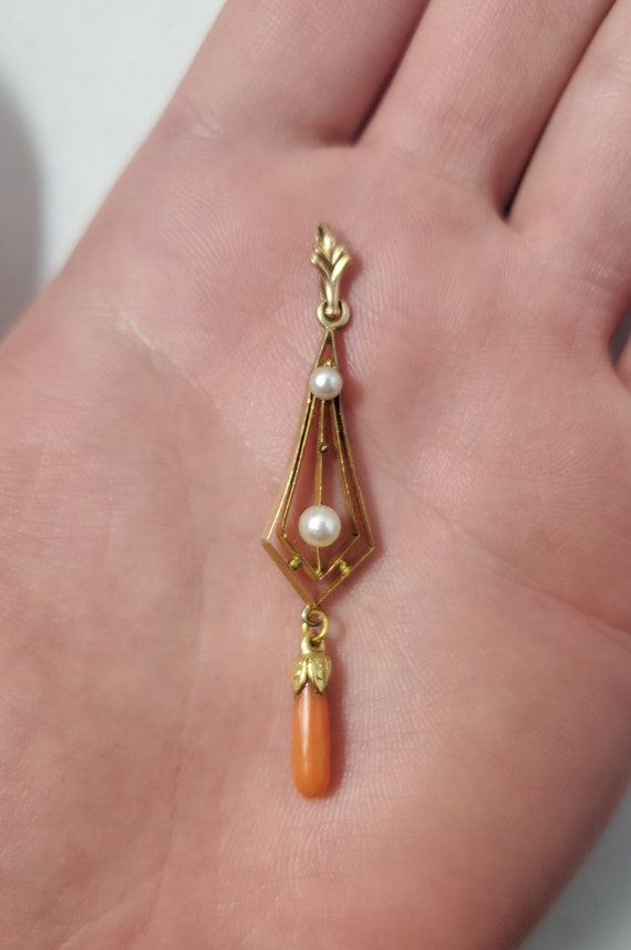 Antique 14k Seed Pearl Tear Drop Coral Pendant