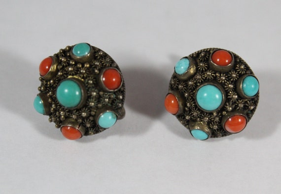 Antique Chinese Sterling Silver Natural Turquoise… - image 1