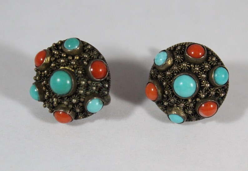 Antique Chinese Sterling Sliver Natural Turquoise with Coral Screw Back Earring