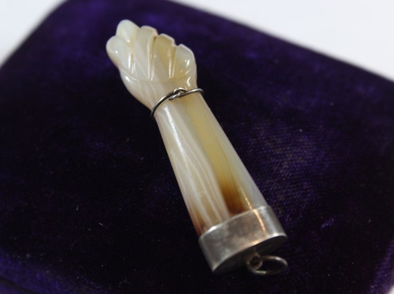 Antique Sterling Silver Agate Carved Figa Hand Pendant