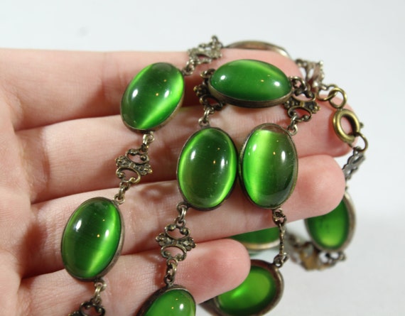 Antique Art Deco Oval Shape Green Glass Necklace - image 2