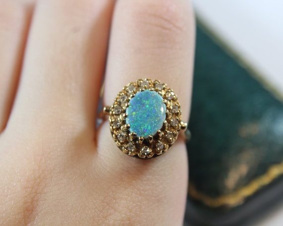 Vintage 14k Gold Natural Diamond with Blue Opal R… - image 1