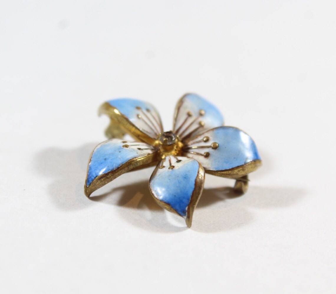 Vintage Gold Tone Enamel Blue Flower Clear Rhinestone Brooch - Etsy UK