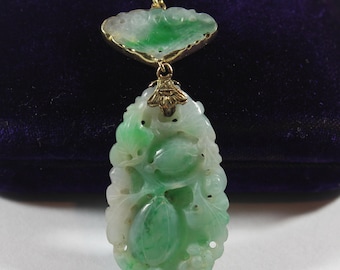 Antique Chinese 14k Gold Carved Fruit Natural Jadeite Pendant