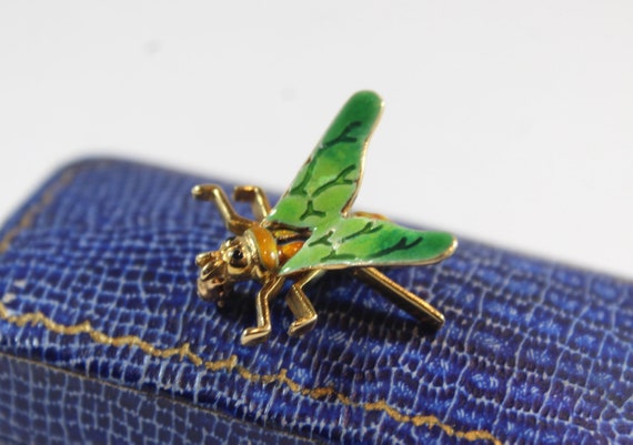Vintage 14k Gold Green Enamel Fly Bug Brooch - image 2