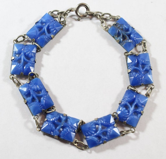 Antique Silver Tone Motif Rectangular Shape Blue … - image 2